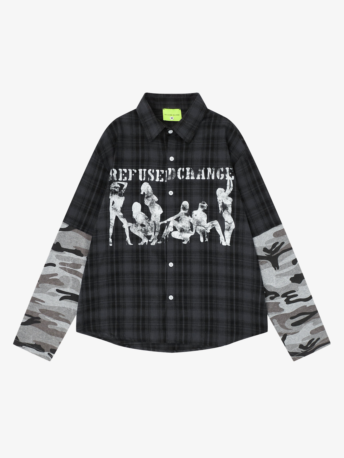 SAVAGE BASE | Portrait Layered Sleeve Plaid Shirt in Black - front view