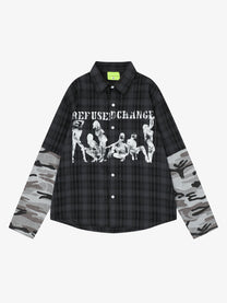 SAVAGE BASE | Portrait Layered Sleeve Plaid Shirt in Black - front view