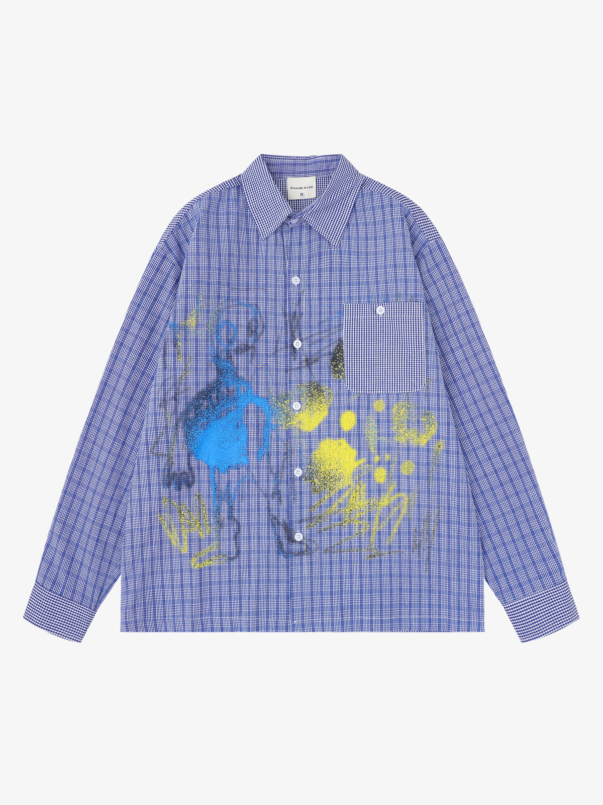 SAVAGE BASE | Spray Paint Illustration Plaid Shirt in Blue - front view
