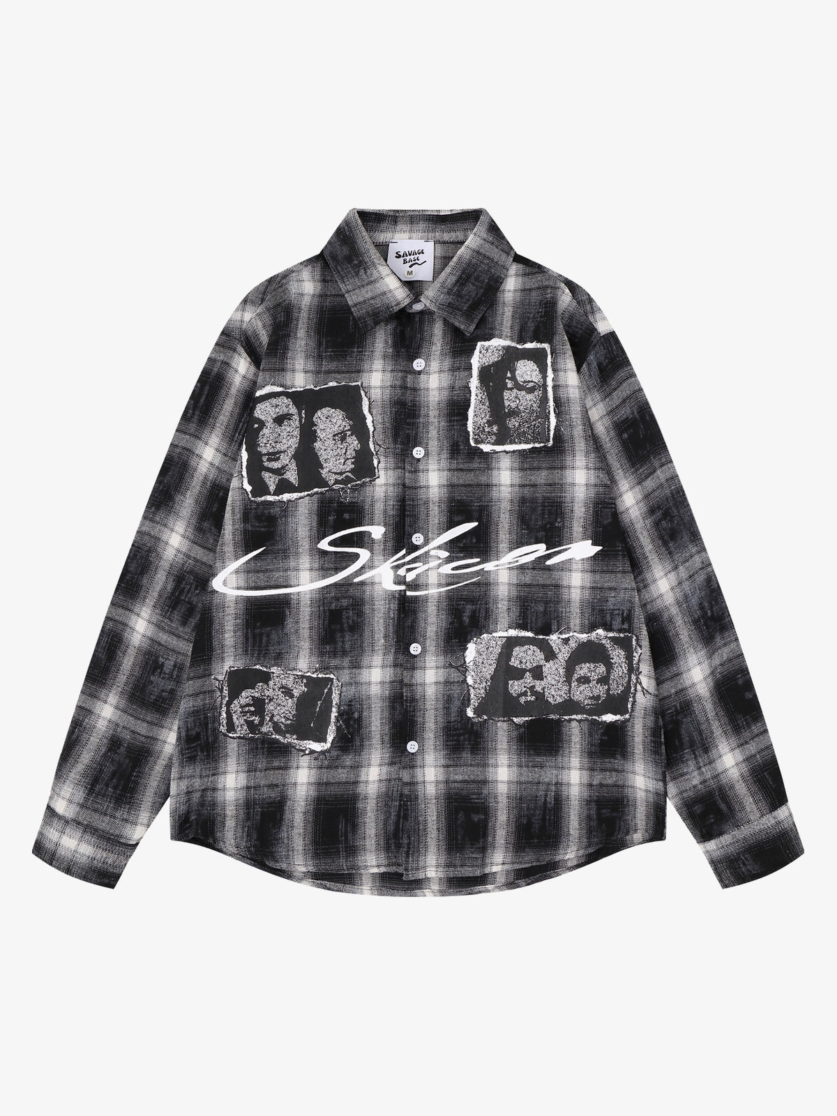 SAVAGE BASE | Portrait Collage Plaid Shirt in Black - front view
