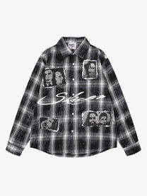 SAVAGE BASE | Portrait Collage Plaid Shirt in Black - front view