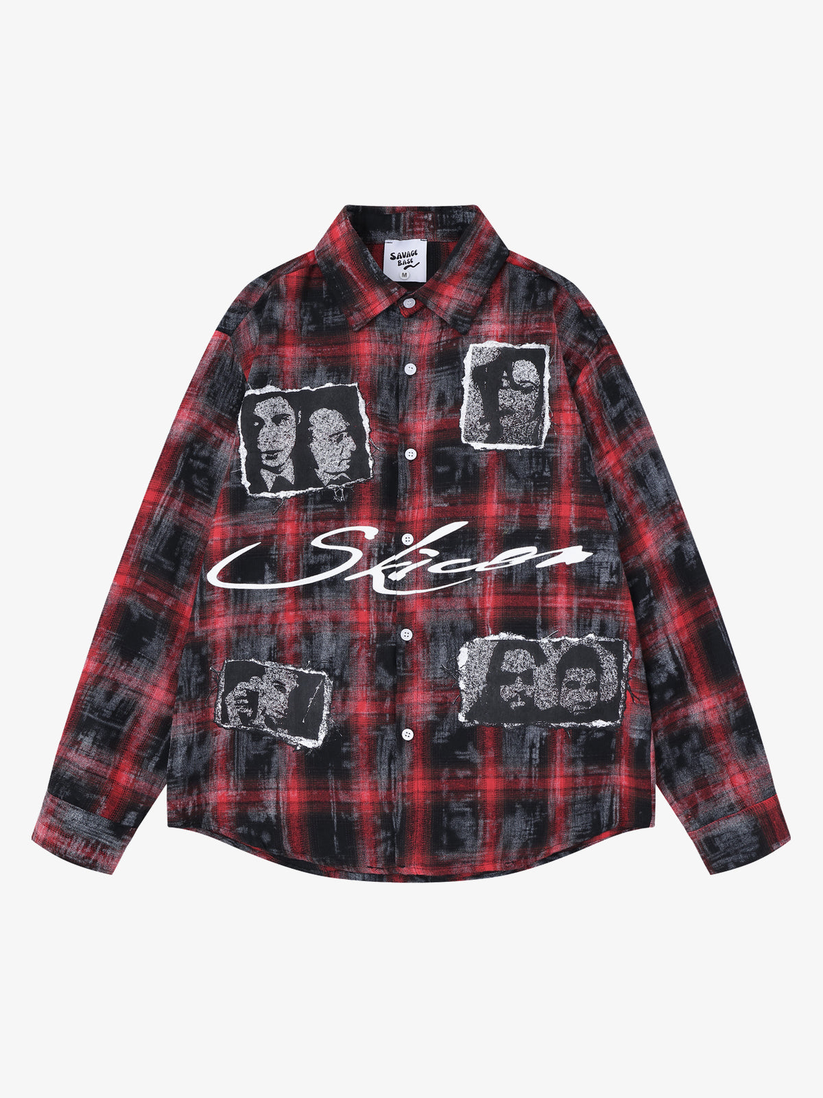 SAVAGE BASE | Portrait Collage Plaid Shirt in Red - front view