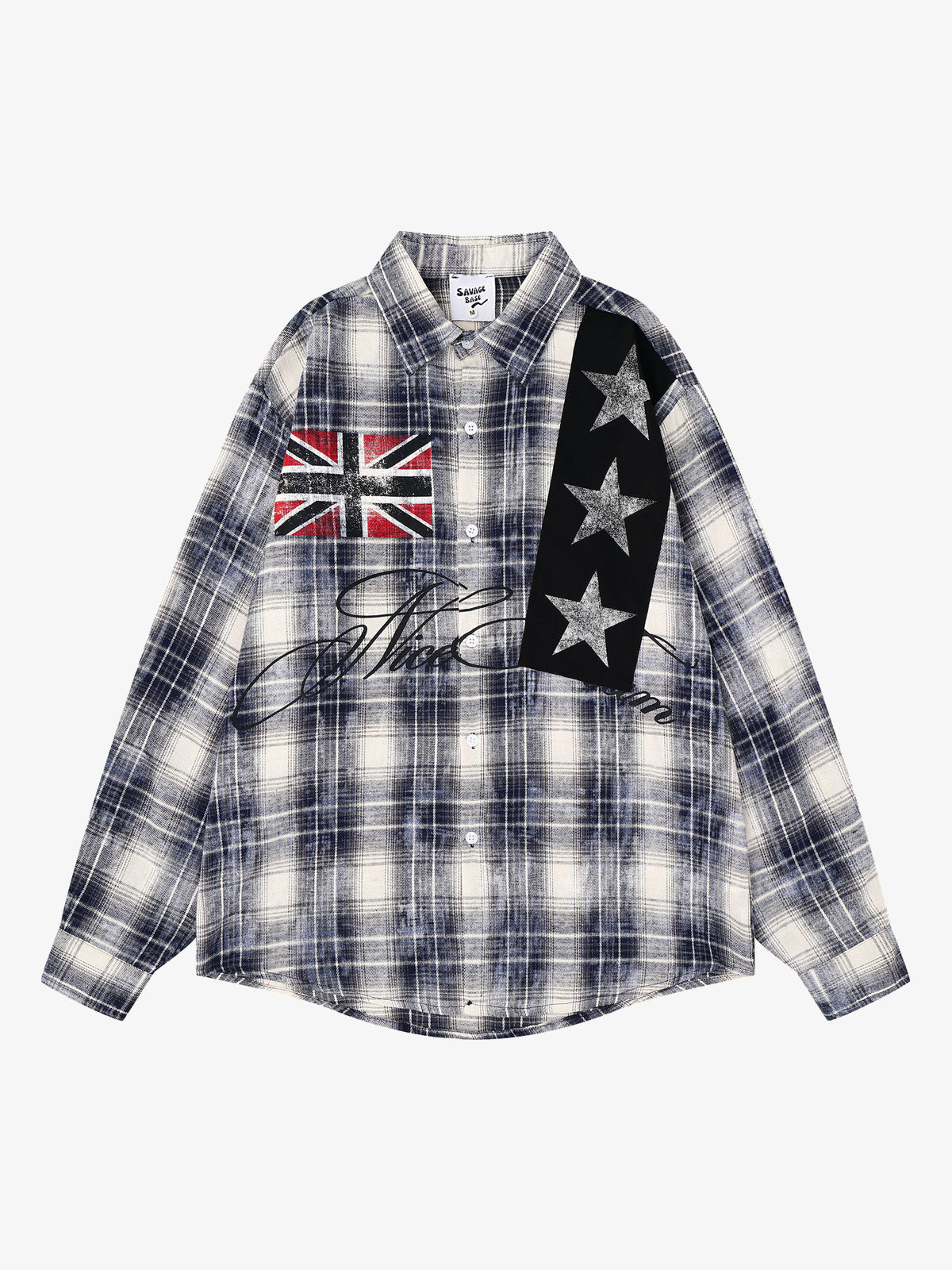 SAVAGE BASE | Star Panel Plaid Shirt in Black - front view