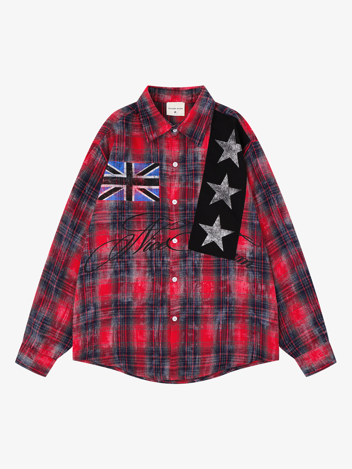 SAVAGE BASE | Star Panel Plaid Shirt in Red - front view