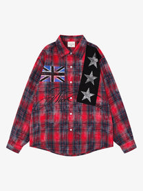 SAVAGE BASE | Star Panel Plaid Shirt in Red - front view