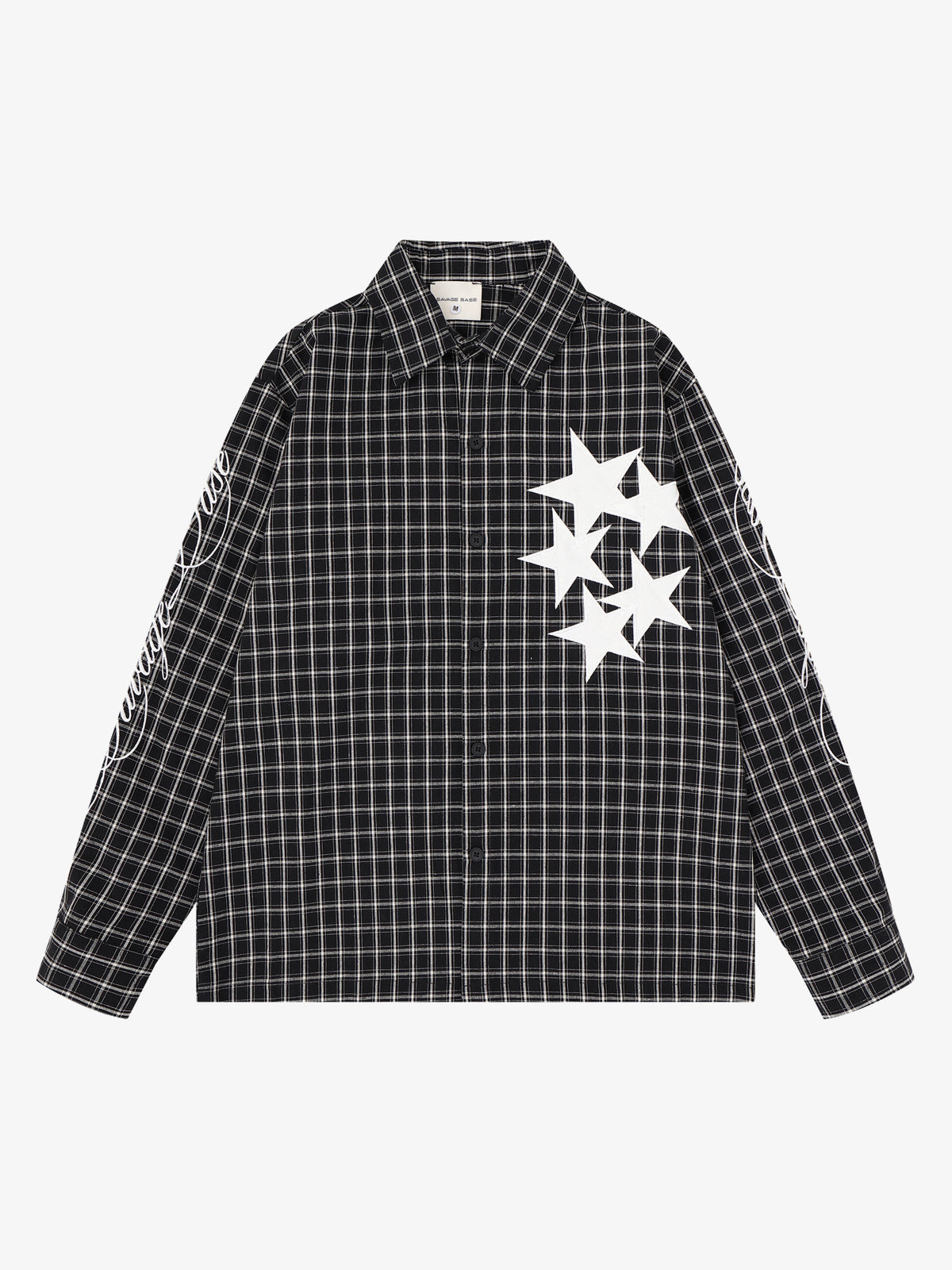 SAVAGE BASE | Star Appliqué Plaid Shirt in Black - front view