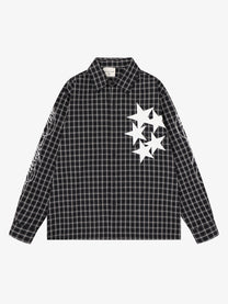 SAVAGE BASE | Star Appliqué Plaid Shirt in Black - front view