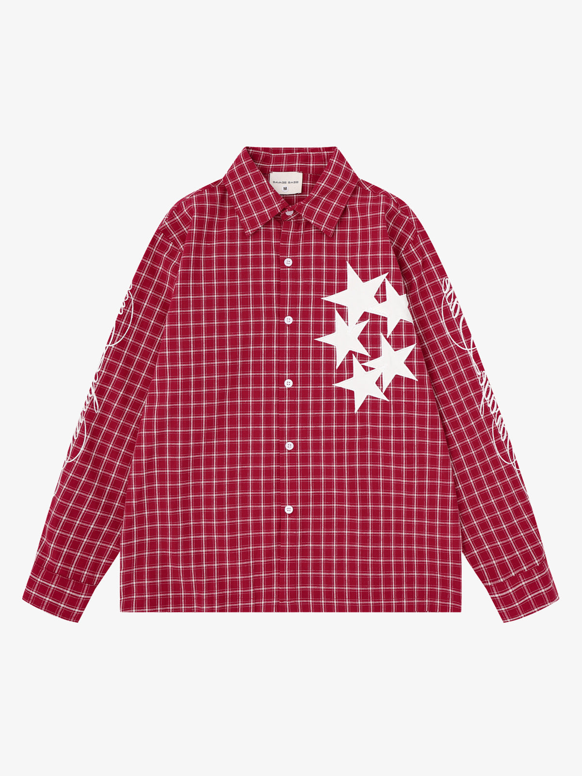 SAVAGE BASE | Star Appliqué Plaid Shirt in Red - front view