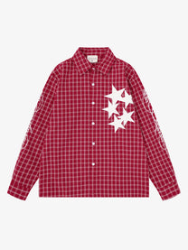 SAVAGE BASE | Star Appliqué Plaid Shirt in Red - front view