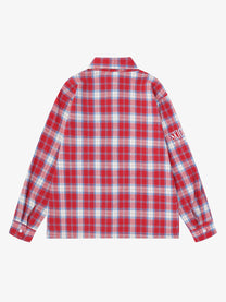 SAVAGE BASE | Checkerboard Script Plaid Shirt in Red - back view