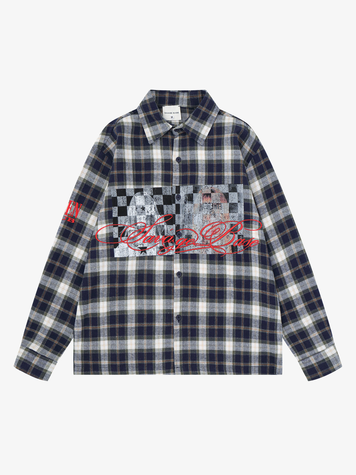 SAVAGE BASE | Checkerboard Script Plaid Shirt in Black - front view