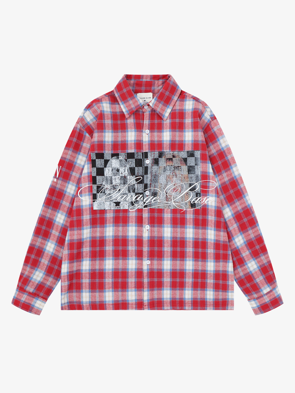 SAVAGE BASE | Checkerboard Script Plaid Shirt in Red - front view