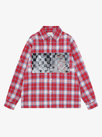SAVAGE BASE | Checkerboard Script Plaid Shirt in Red - front view