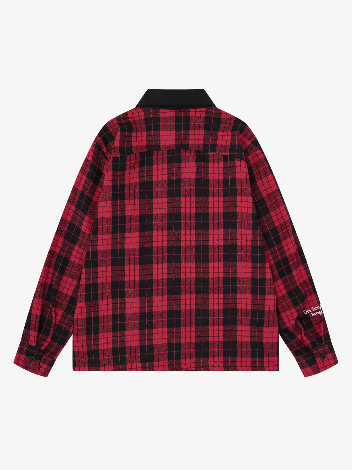 SAVAGE BASE | Asymmetric Collage Panel Plaid Shirt in Red - back view