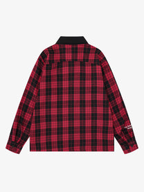 SAVAGE BASE | Asymmetric Collage Panel Plaid Shirt in Red - back view