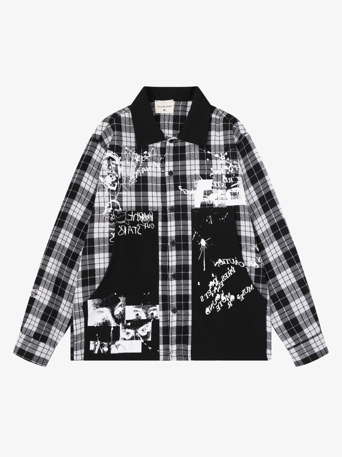 SAVAGE BASE | Asymmetric Collage Panel Plaid Shirt in Black - front view