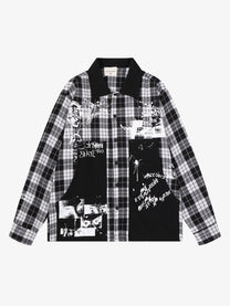 SAVAGE BASE | Asymmetric Collage Panel Plaid Shirt in Black - front view