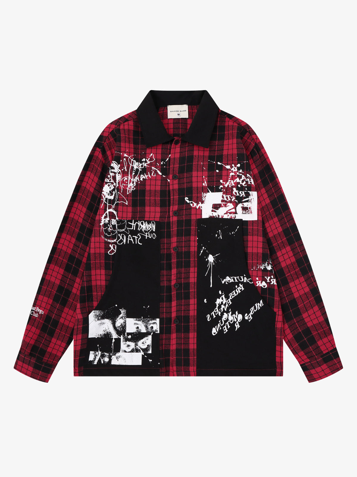 SAVAGE BASE | Asymmetric Collage Panel Plaid Shirt in Red - front view