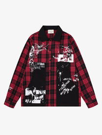 SAVAGE BASE | Asymmetric Collage Panel Plaid Shirt in Red - front view