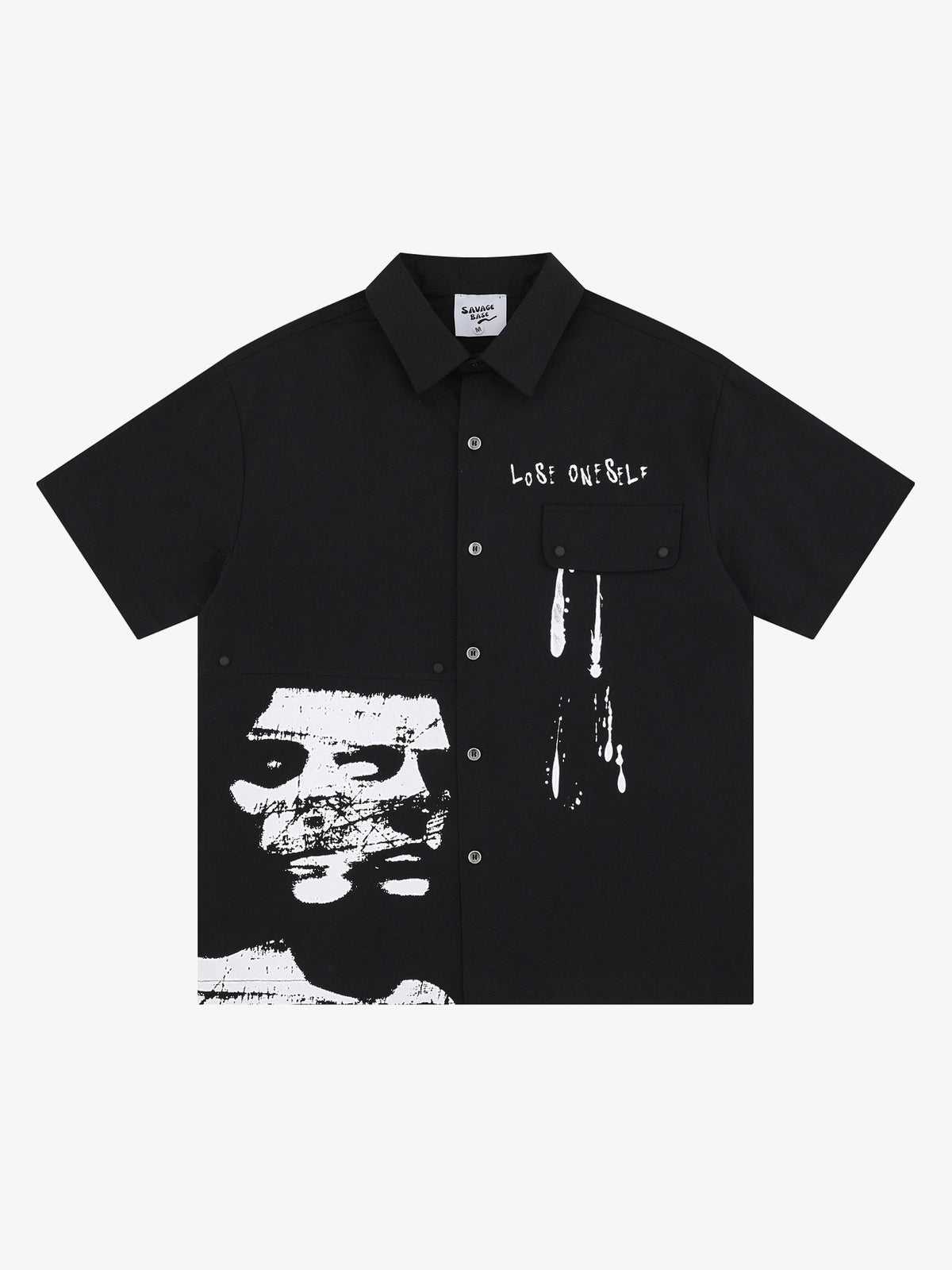 SAVAGE BASE | Distressed Portrait Collage Shirt in Black - front view