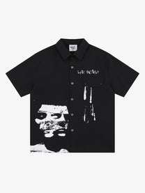 SAVAGE BASE | Distressed Portrait Collage Shirt in Black - front view