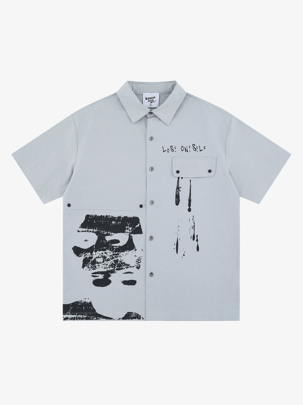SAVAGE BASE | Distressed Portrait Collage Shirt in Gray - front view