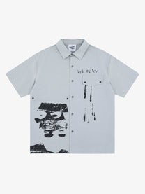 SAVAGE BASE | Distressed Portrait Collage Shirt in Gray - front view