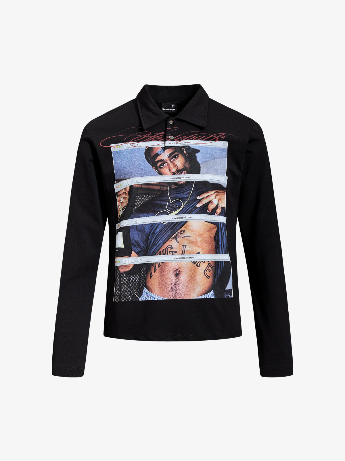 SKATE PARK | Stacked Portrait Print Polo Shirt in Black - front view