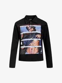 SKATE PARK | Stacked Portrait Print Polo Shirt in Black - front view