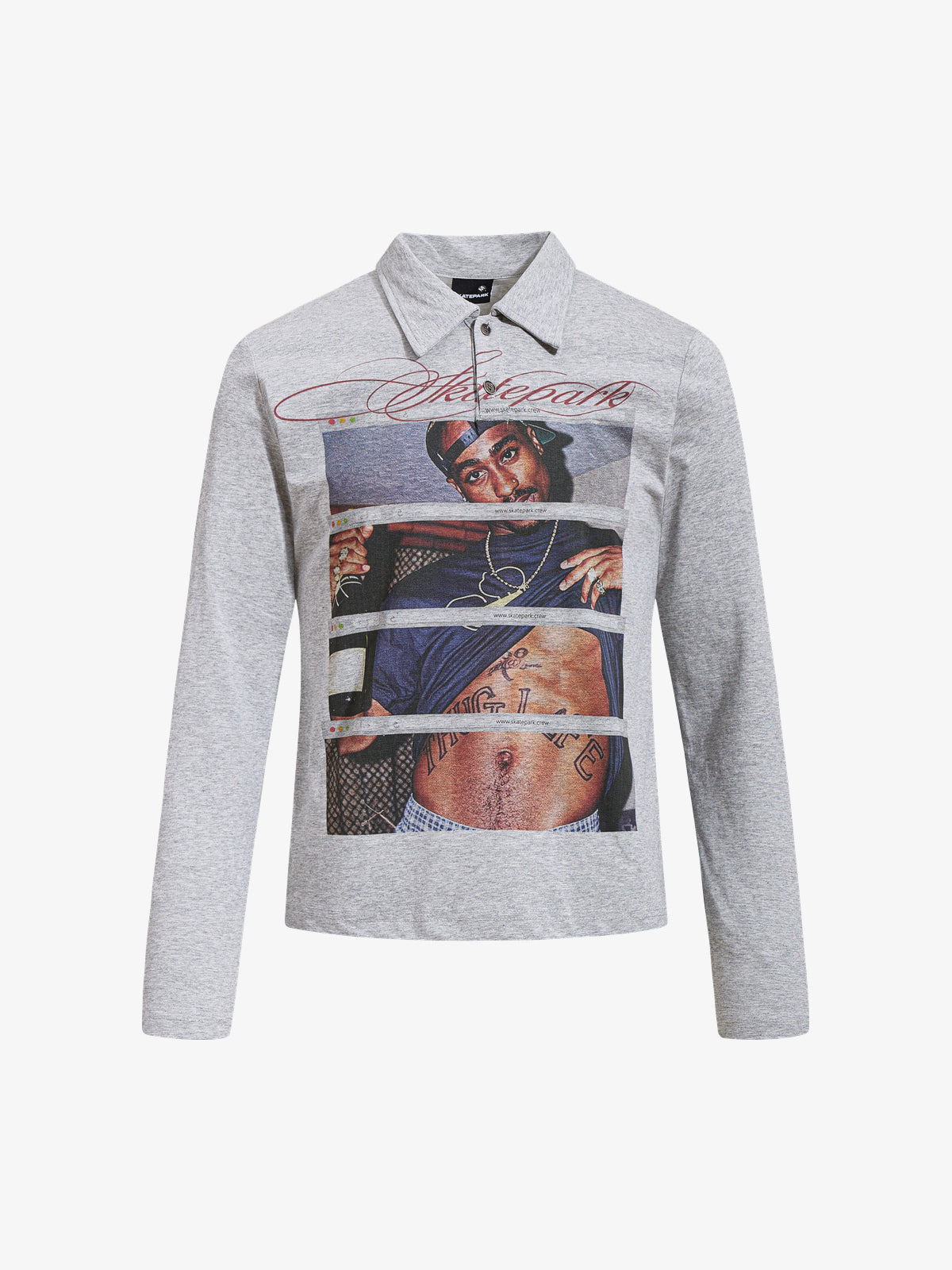 SKATE PARK | Stacked Portrait Print Polo Shirt in Gray - front view