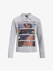 SKATE PARK | Stacked Portrait Print Polo Shirt in Gray - front view