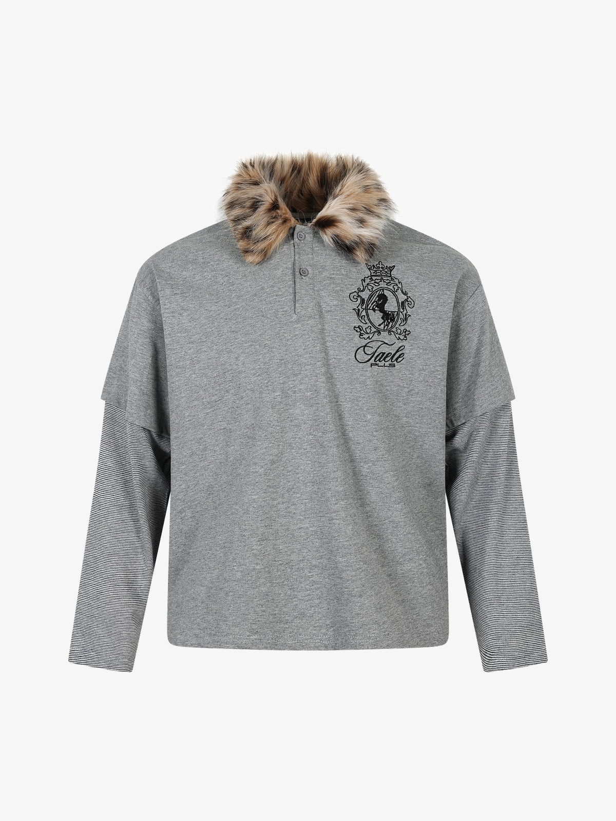 TAELE PLUS | Shaggy Collar Layered Polo Shirt in Gray - front view