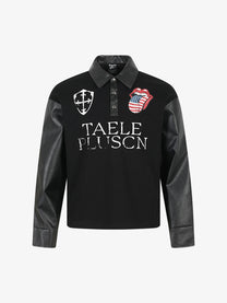 TAELE PLUS | Lip Print Polo Shirt in Black - front view
