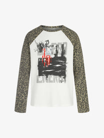 BLACK ENERGY | Leopard Sleeve Photo Collage Sweatshirt in White - front view