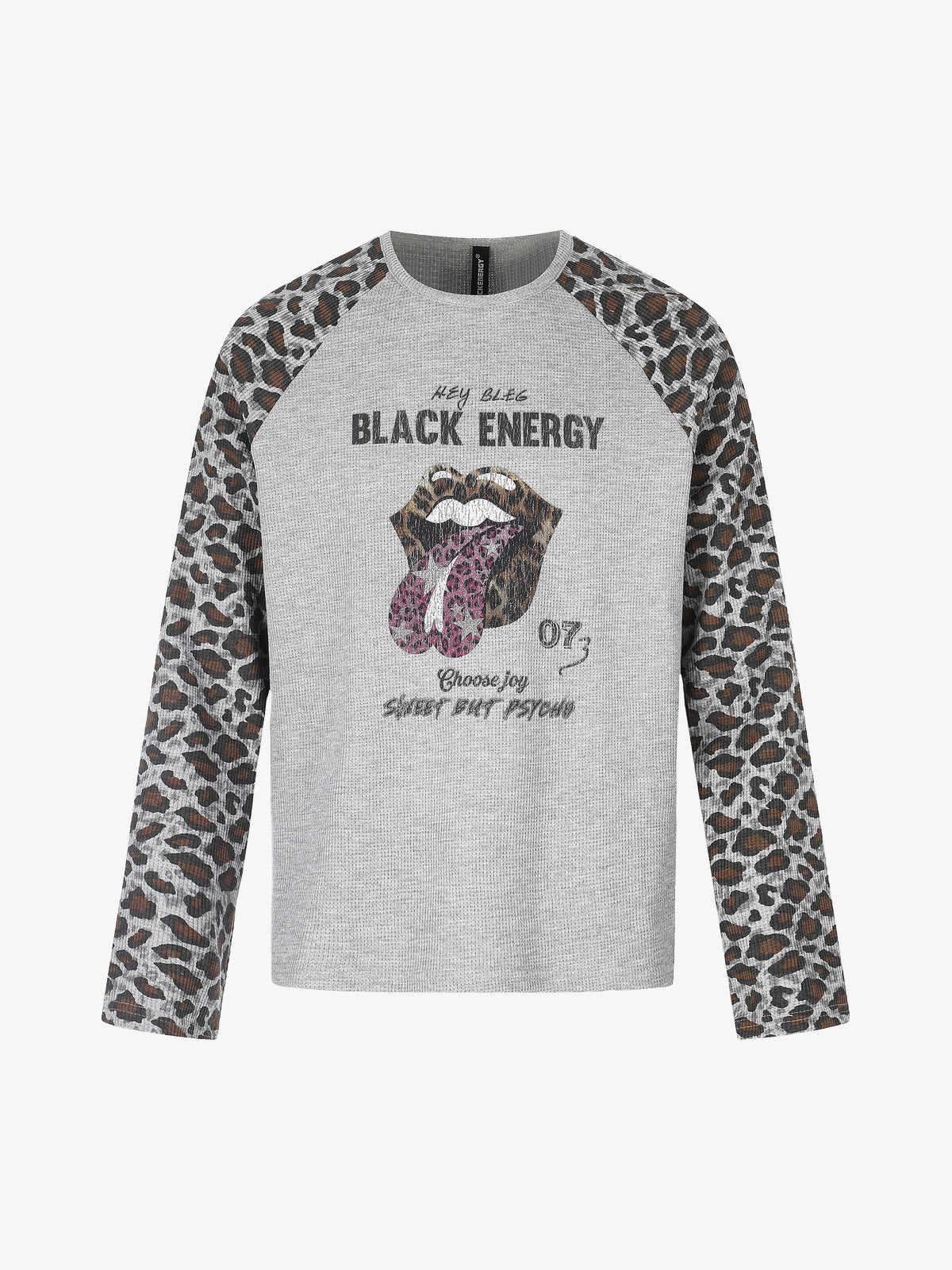BLACK ENERGY | Lip Print Leopard Sleeve Sweatshirt in Gray - front view