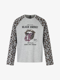 BLACK ENERGY | Lip Print Leopard Sleeve Sweatshirt
