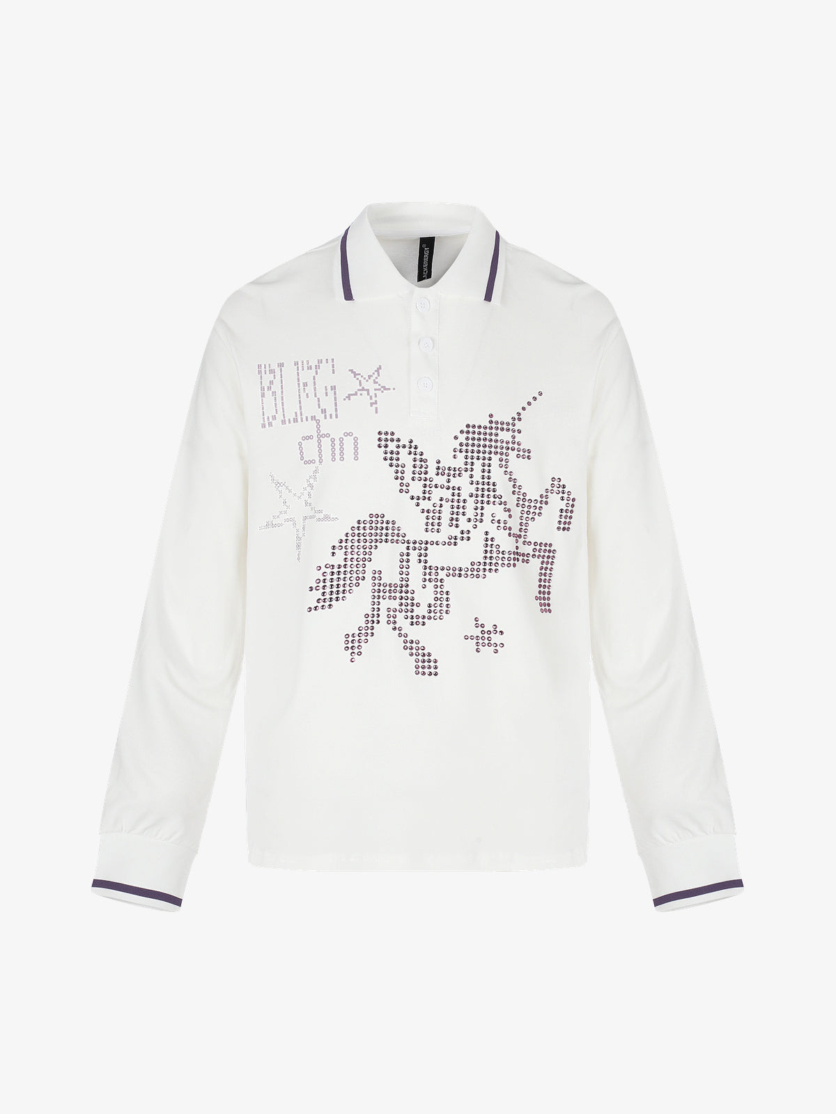 BLACK ENERGY | Rhinestone Emblem Polo Collar Sweatshirt in White - front view