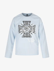 BLACK ENERGY | Ornate Cross Sweatshirt in Blue - front view