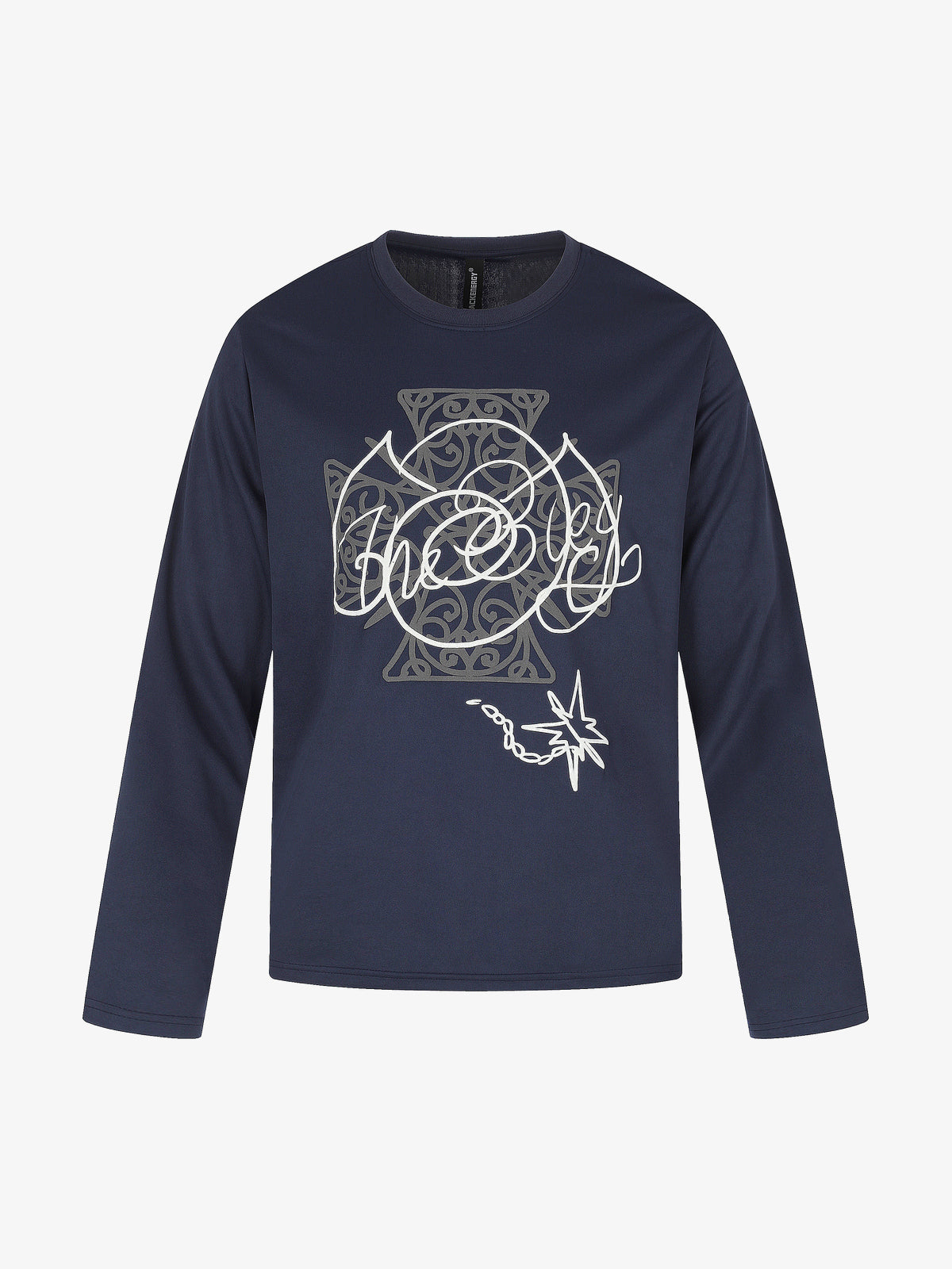 BLACK ENERGY | Ornate Cross Sweatshirt in Navy - front view