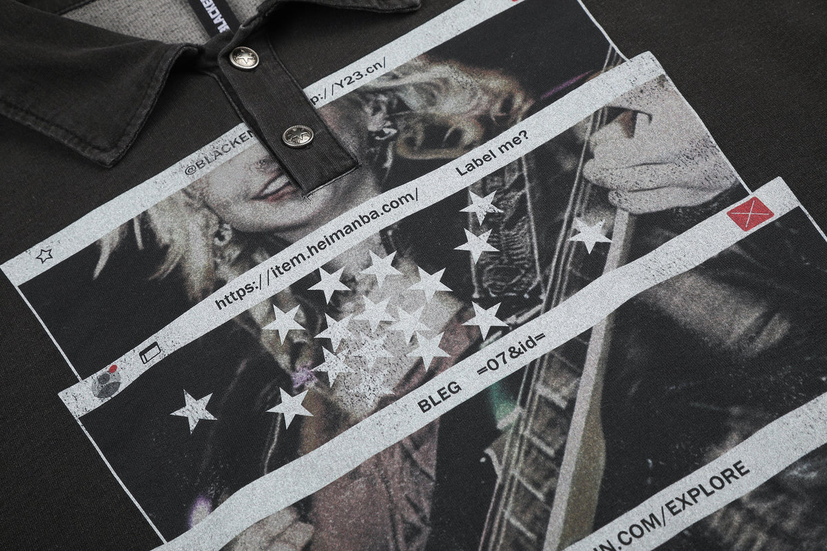 BLACK ENERGY | Distressed Photo Polo Collar Sweatshirt - product detail