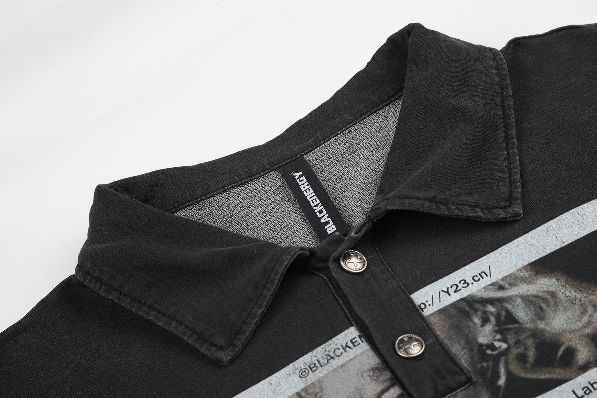 BLACK ENERGY | Distressed Photo Polo Collar Sweatshirt - product detail