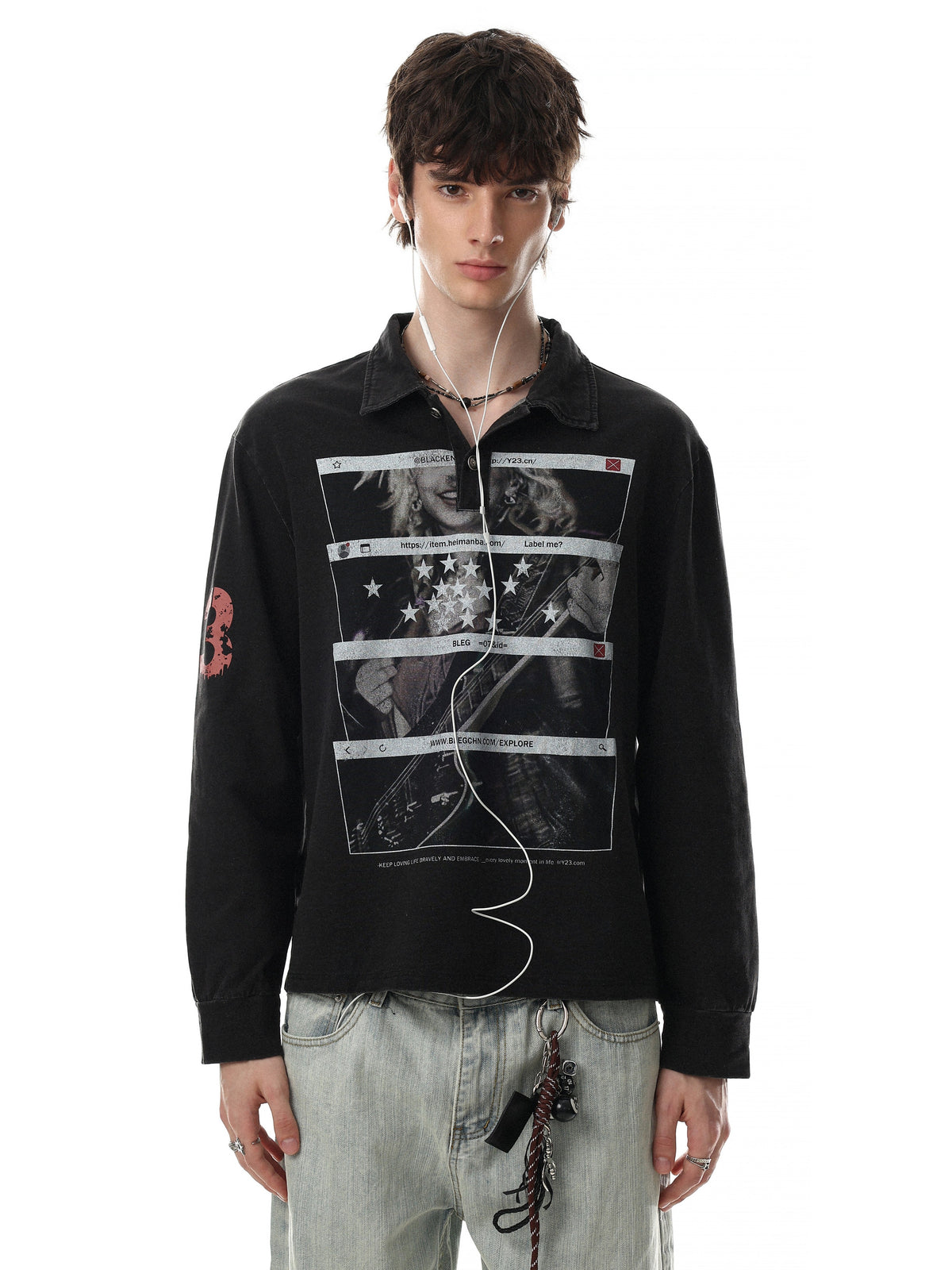 BLACK ENERGY | Distressed Photo Polo Collar Sweatshirt - product detail