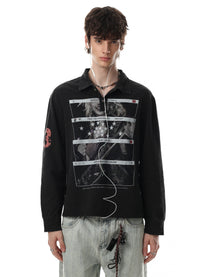 BLACK ENERGY | Distressed Photo Polo Collar Sweatshirt - product detail