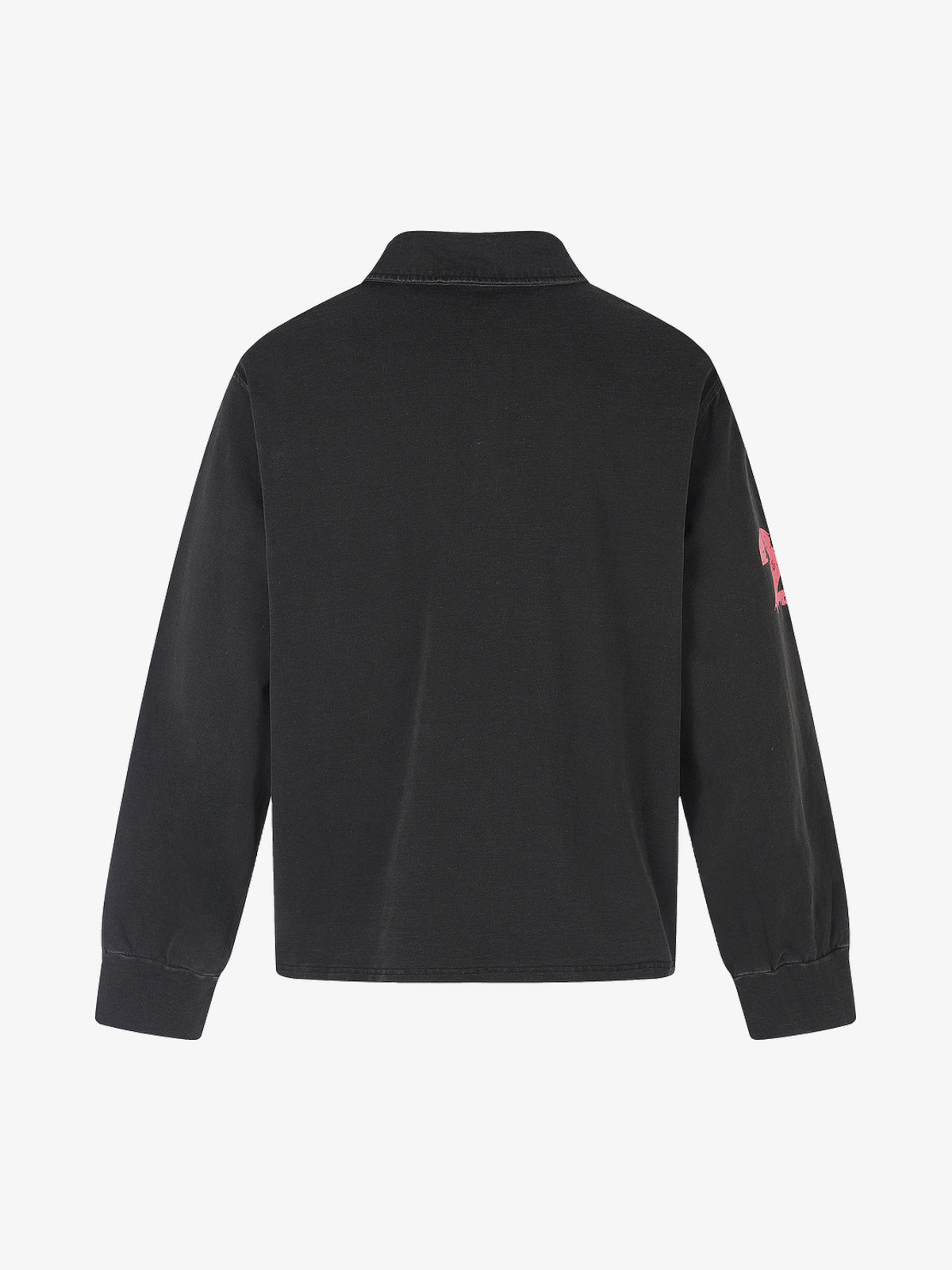 BLACK ENERGY | Distressed Photo Polo Collar Sweatshirt in Black - back view