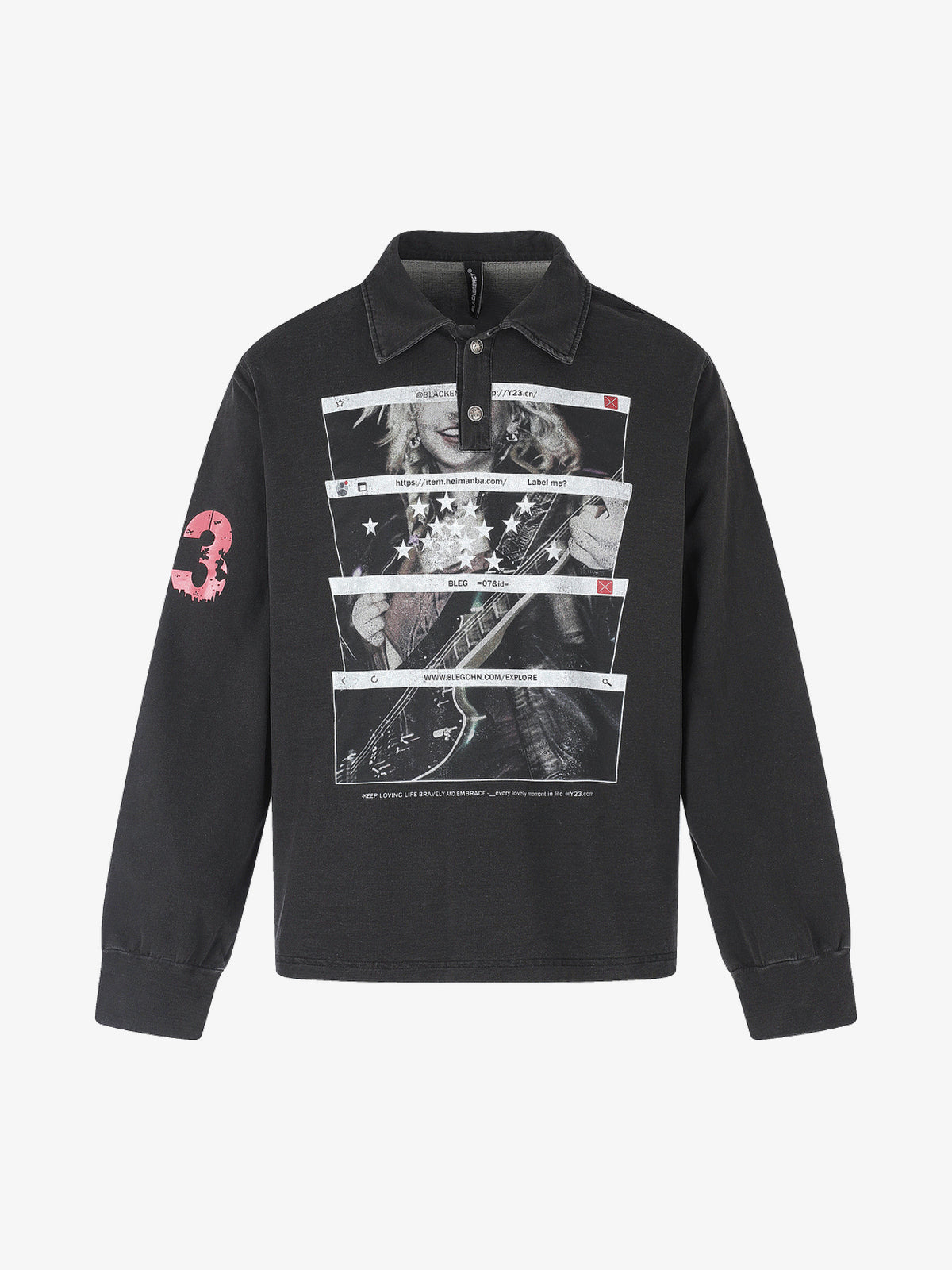 BLACK ENERGY | Distressed Photo Polo Collar Sweatshirt in Black - front view