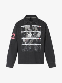 BLACK ENERGY | Distressed Photo Polo Collar Sweatshirt in Black - front view