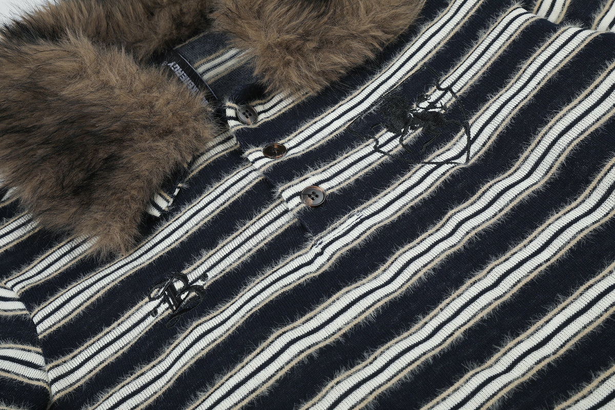 BLACK ENERGY | Faux Fur Collar Striped Sweatshirt - product detail