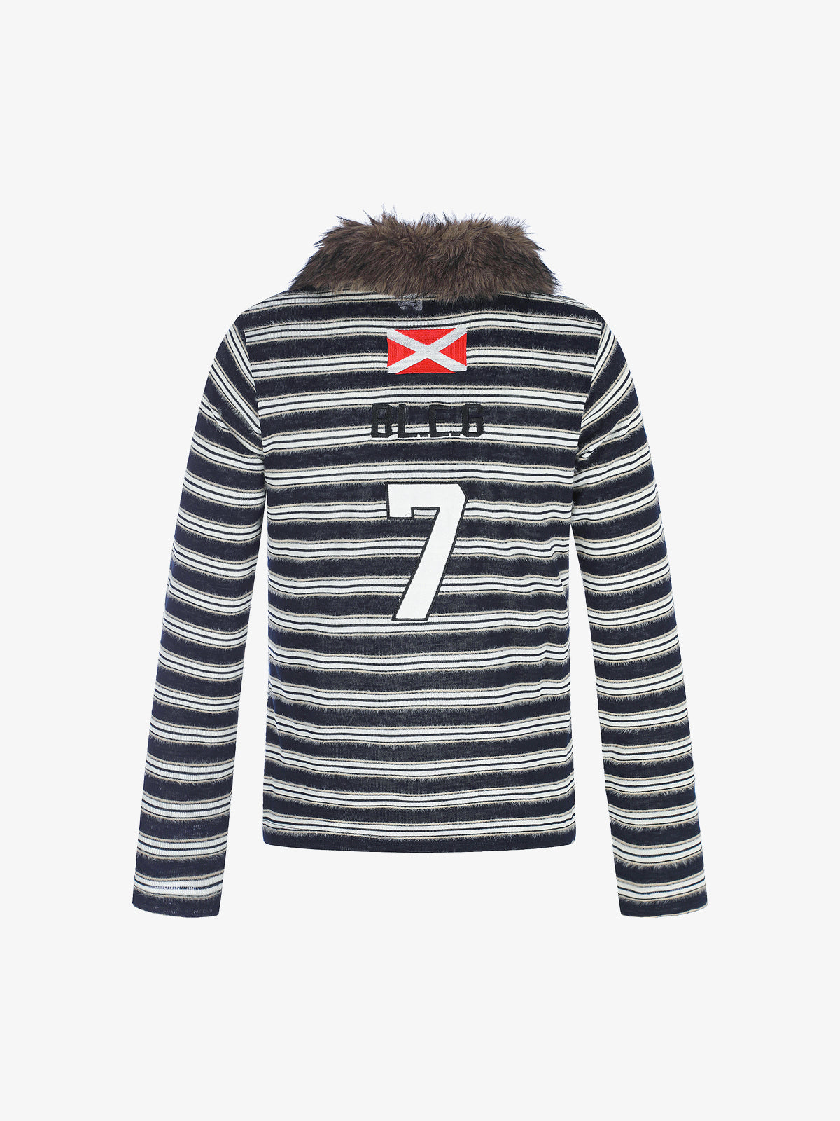 BLACK ENERGY | Faux Fur Collar Striped Sweatshirt in Gray - back view