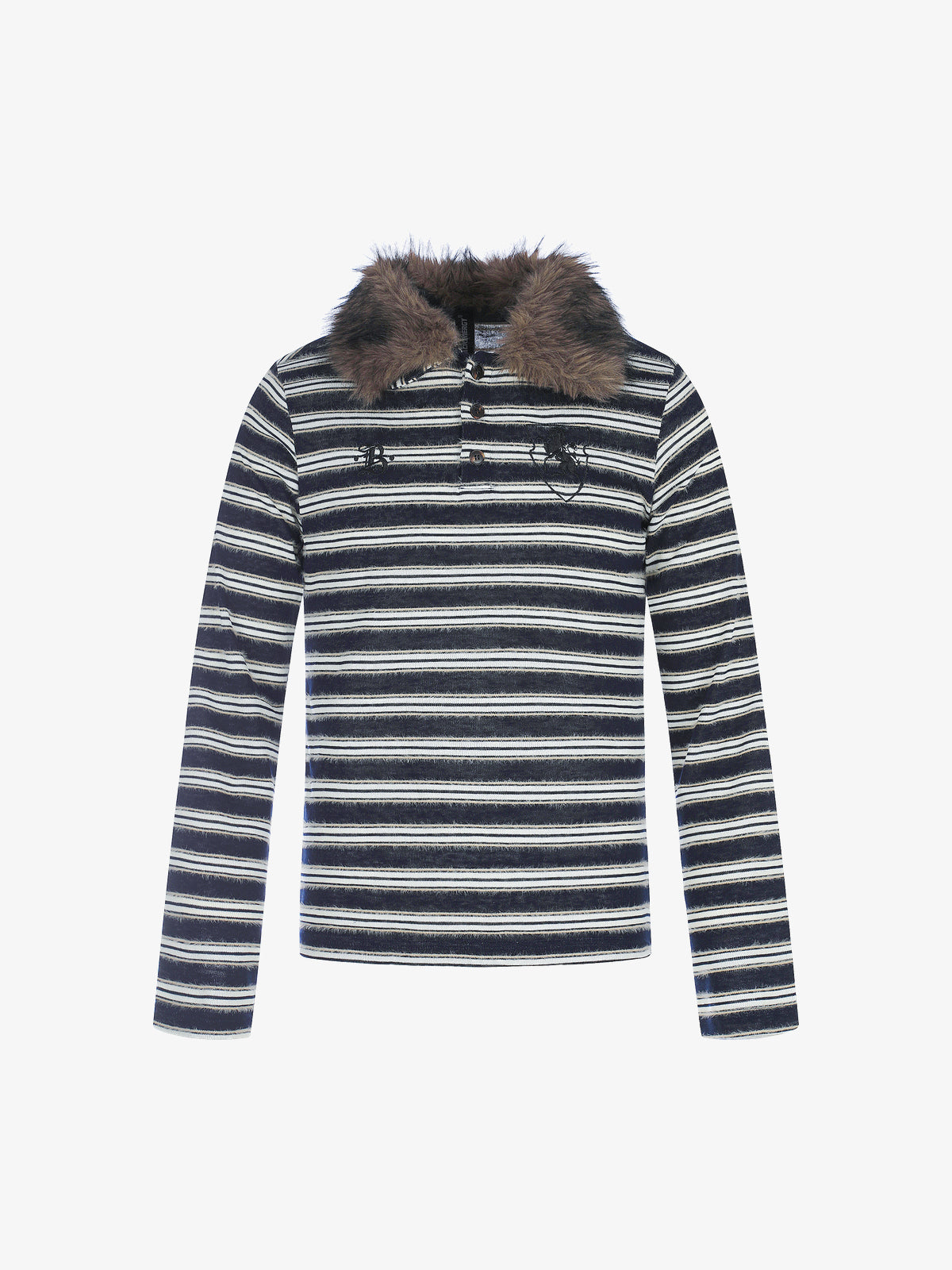 BLACK ENERGY | Faux Fur Collar Striped Sweatshirt in Gray - front view