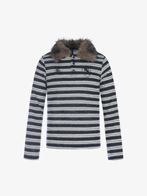 BLACK ENERGY | Faux Fur Collar Striped Sweatshirt in Gray - front view